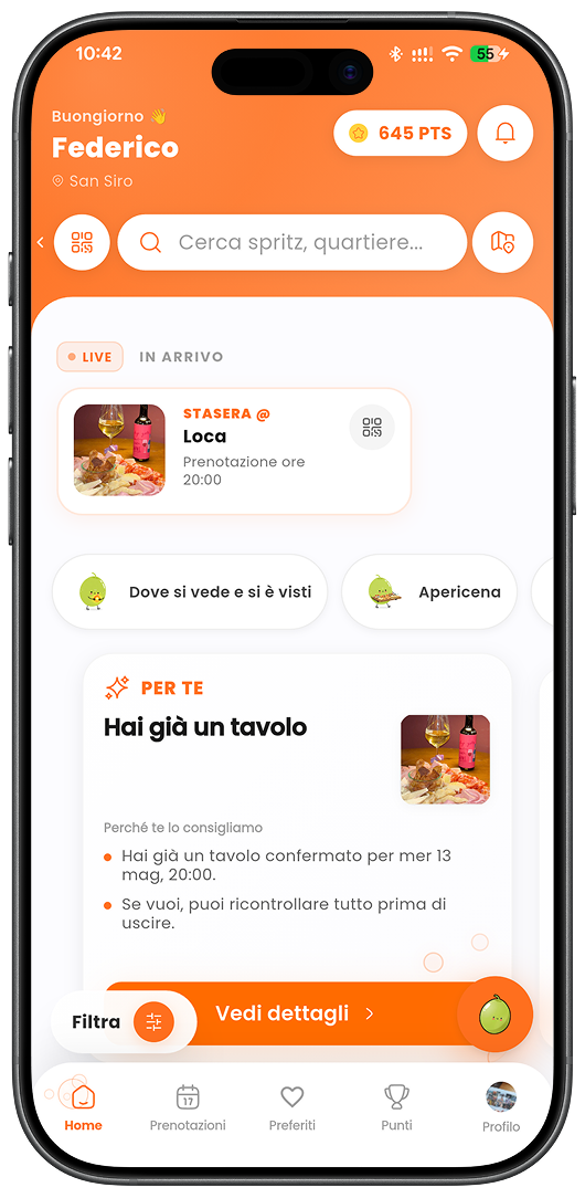 Schermata EasyApe con home, prenotazione e aperitivo consigliato